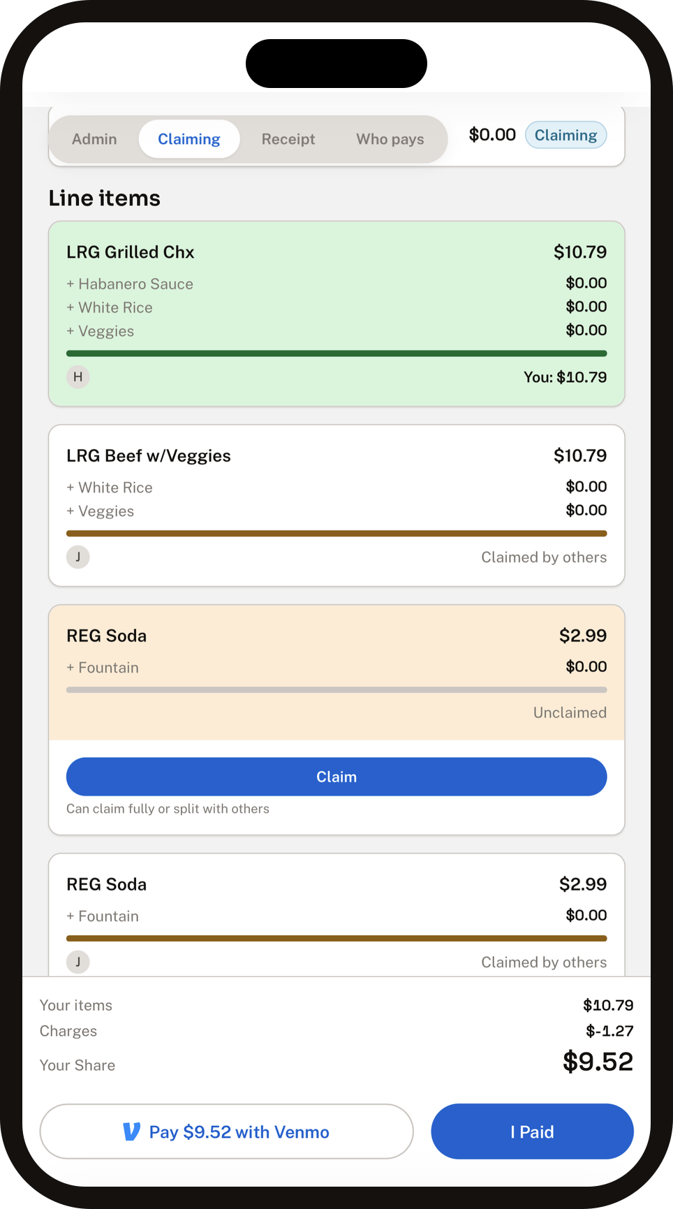 The claiming screen, showing a receipt split between two people with each item's claim status and a running total.